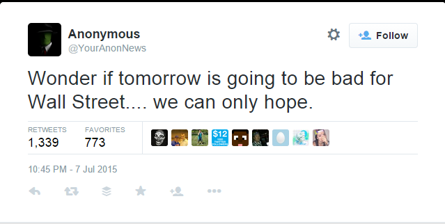 Anonymous Tweet Seems to Claim Responsibility for Market Chaos